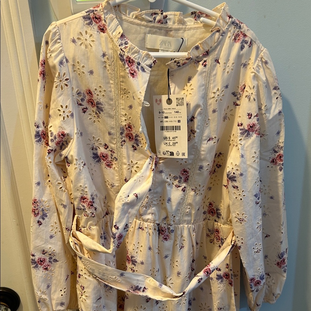 ZARA Cream Eyelet Dress with Pink & Purple Floral Print